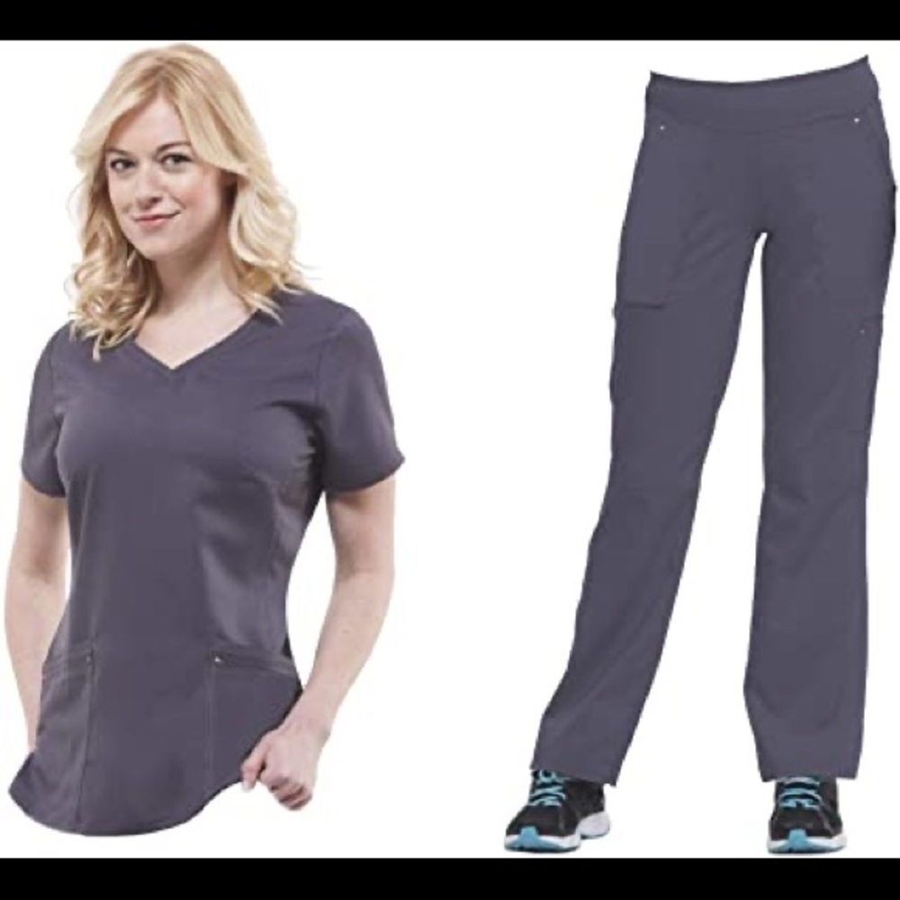 Healing Hands Purple Label Yoga Scrub Set - Grey. Medium Top, Small Bottoms.